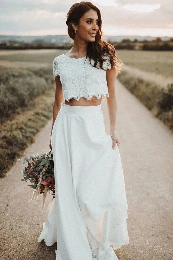 Ivory Chiffon Two Pieces Lace Top Short Sleeves Cheap Wedding Dresses MW772