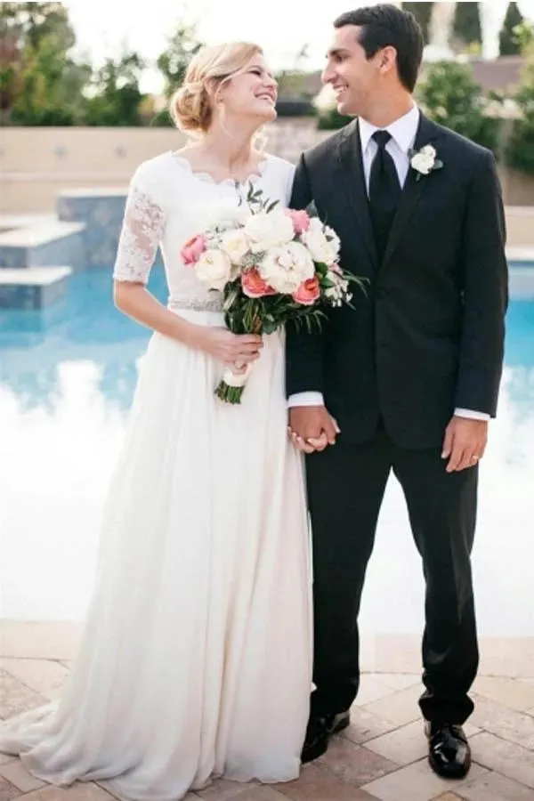 Ivory Lace A-line Beaded Half Sleeves Wedding Dresses, Bridal Dress, MW588