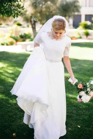 Ivory Lace A-line Beaded Half Sleeves Wedding Dresses, Bridal Dress, MW588