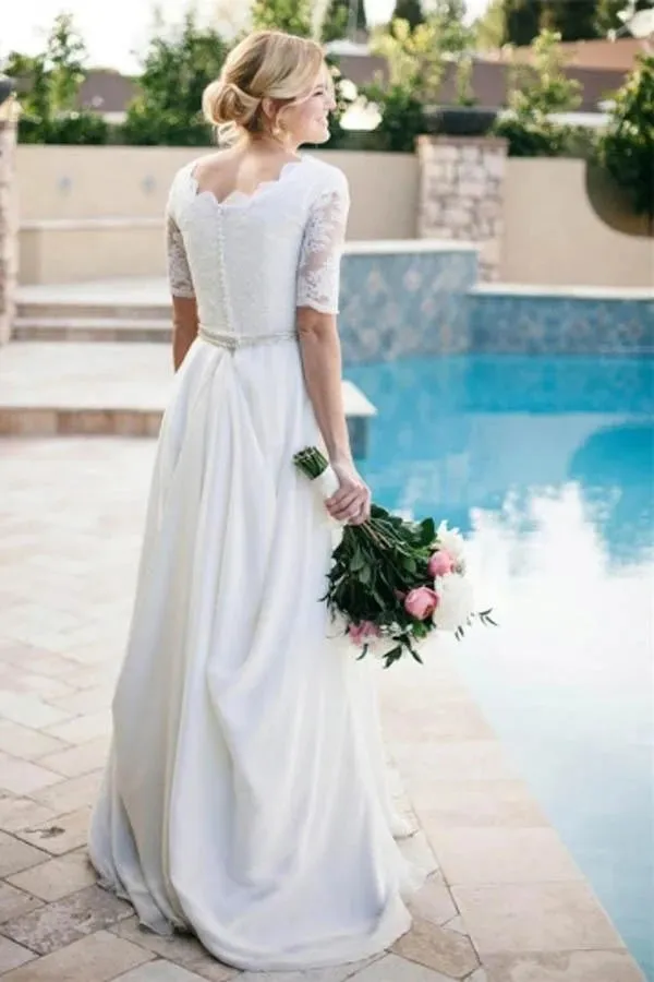 Ivory Lace A-line Beaded Half Sleeves Wedding Dresses, Bridal Dress, MW588