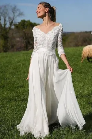 Ivory Lace Chiffon Boho Wedding Gown with 3/4 Sleeves