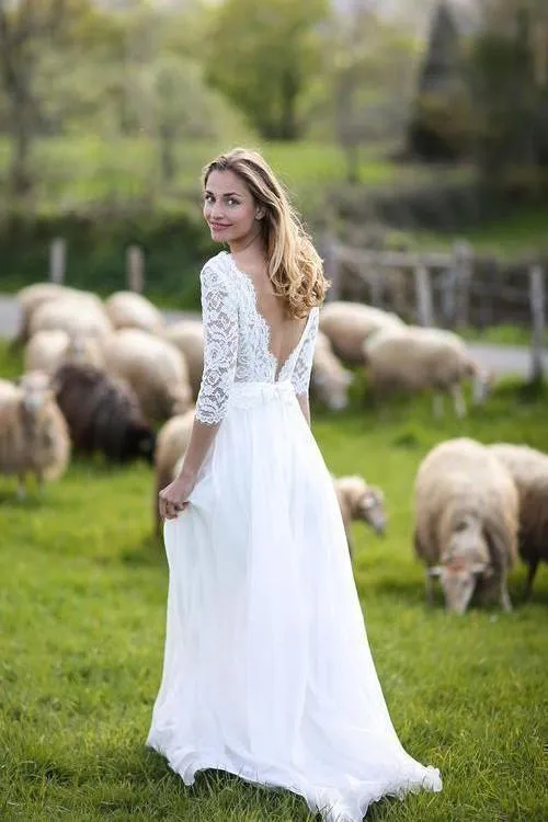 Ivory Lace Chiffon Boho Wedding Gown with 3/4 Sleeves
