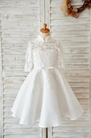 Ivory Lace Satin High Neck Long Sleeves Wedding Flower Girl Dress