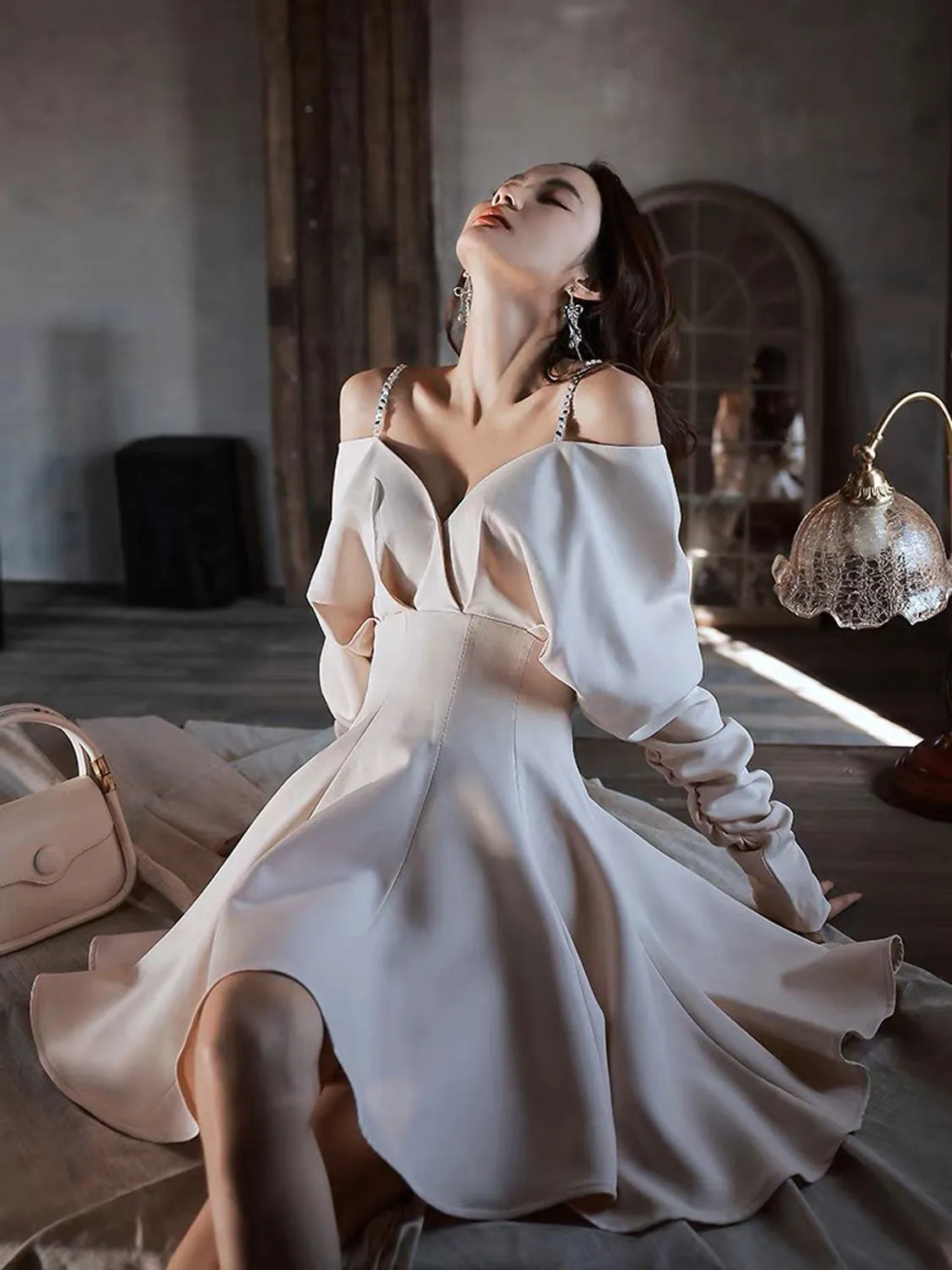 Ivory White Satin Short Prom Dress, Cute Long sleeve Homecoming Dress