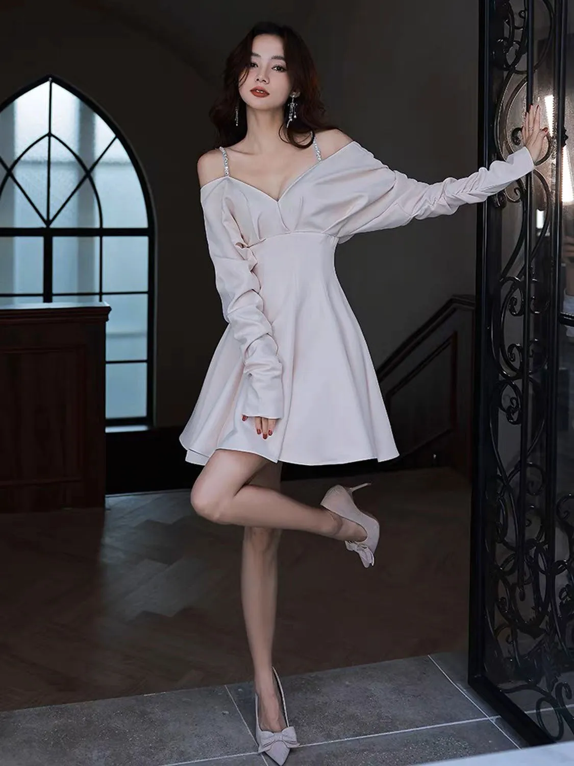 Ivory White Satin Short Prom Dress, Cute Long sleeve Homecoming Dress