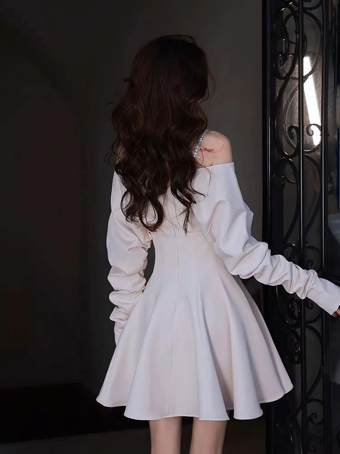 Ivory White Satin Short Prom Dress, Cute Long sleeve Homecoming Dress