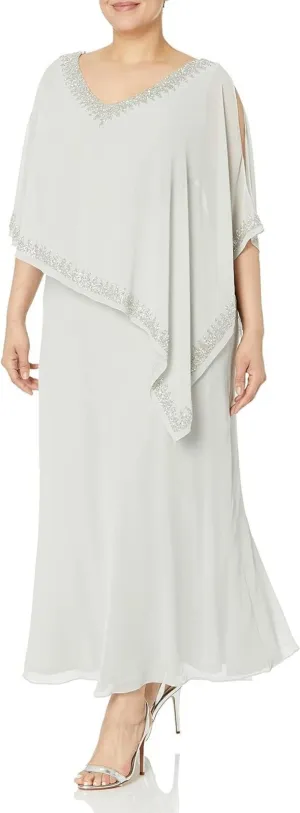 J Kara Womens Embellished Overlay Gown Silver Multi Gray 6