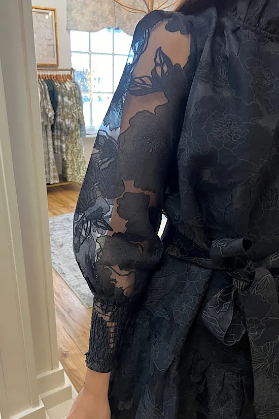 JADE Ruffle Neck Dress in Black Organza