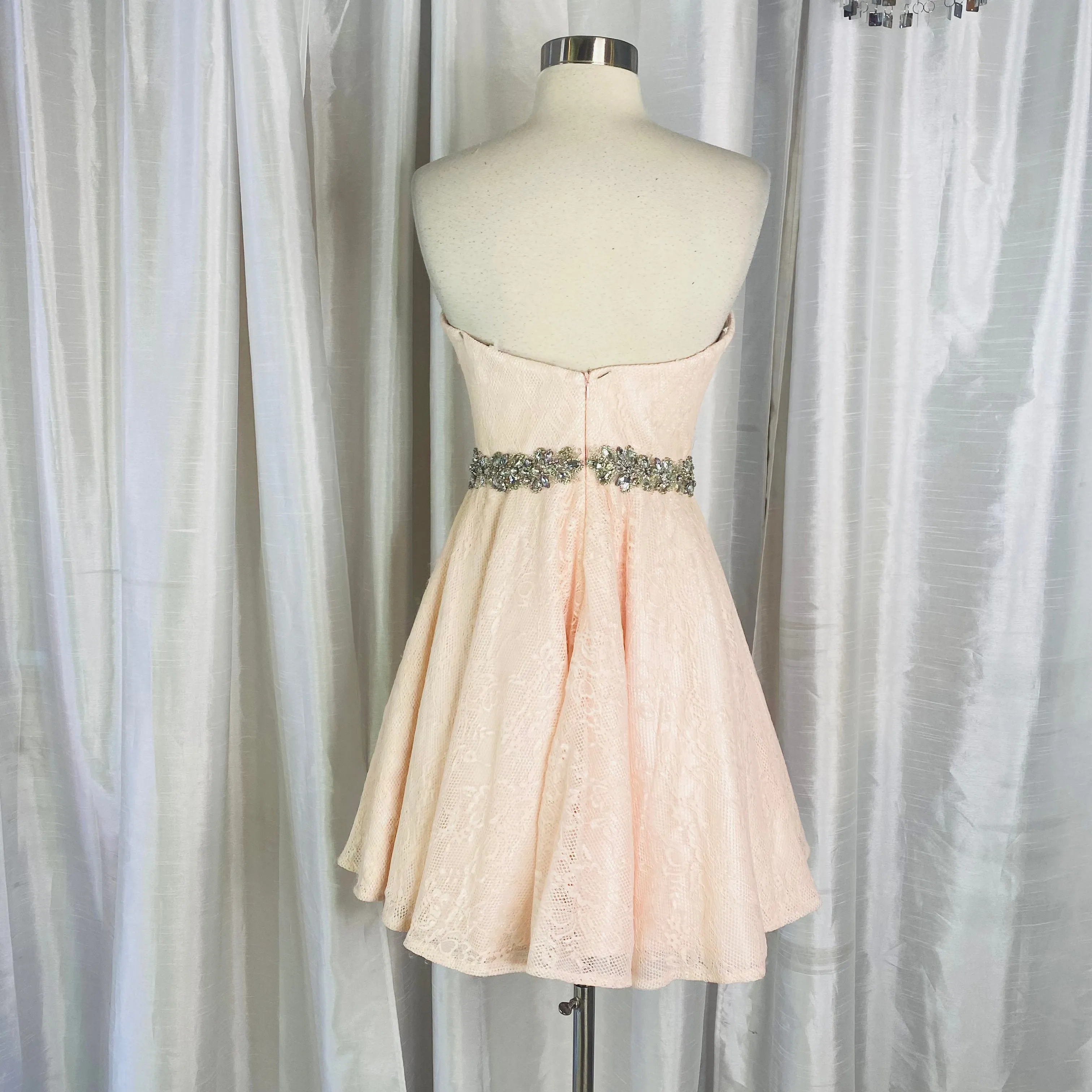 JOVANI 90088 Pink Strapless Ruched Top Beaded Lace Waist Short Dress Size 4