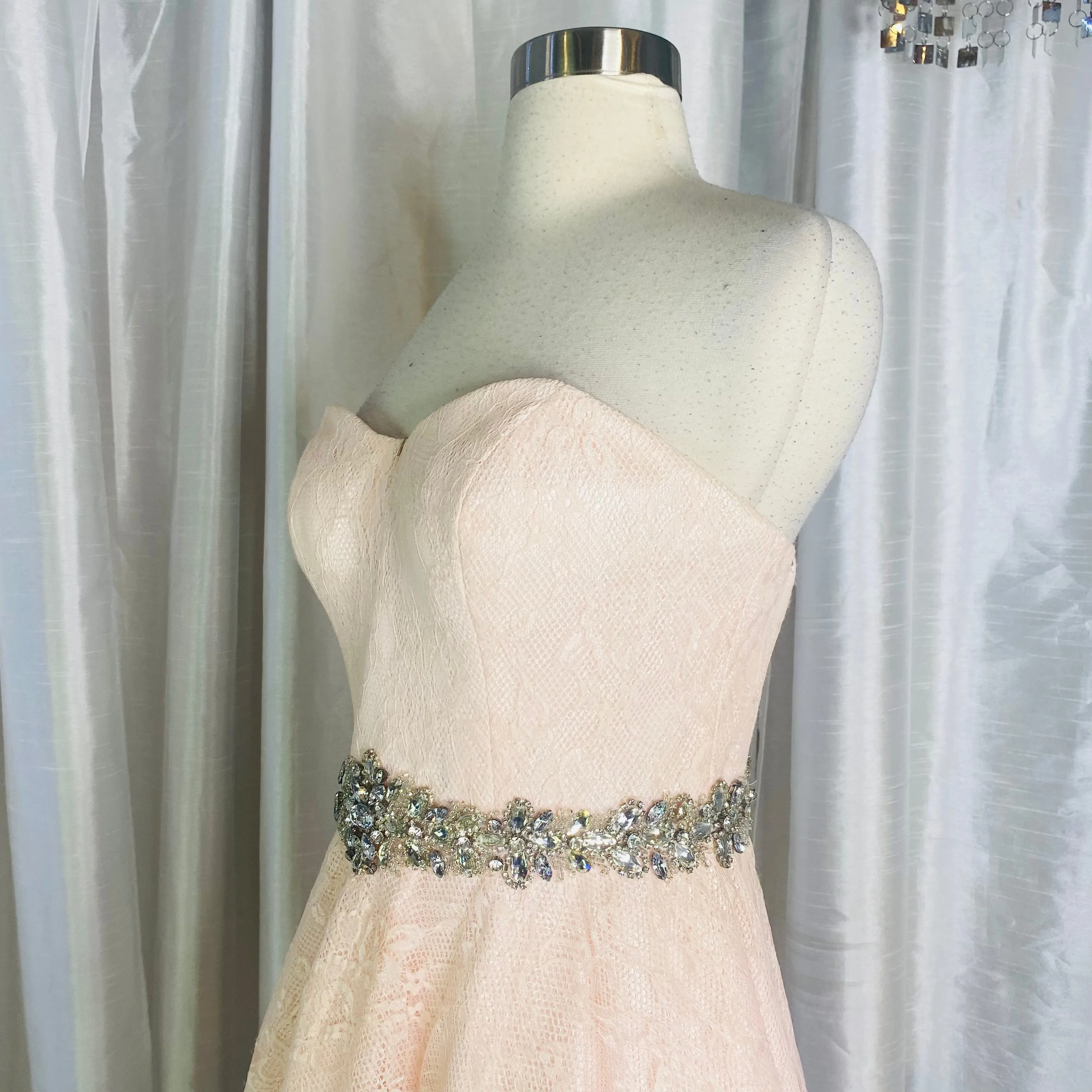 JOVANI 90088 Pink Strapless Ruched Top Beaded Lace Waist Short Dress Size 4