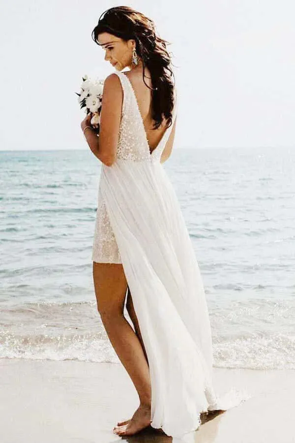 Lace A-line V-neck Short Beach Wedding Dresses With Detachable Train, SW590