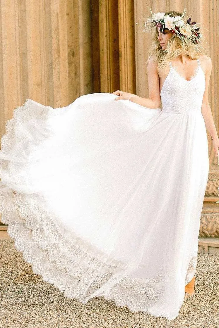 Lace &Chiffon Romantic Wedding Gown with Strappy Back
