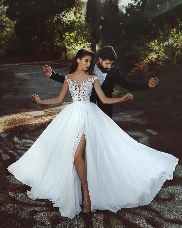 Lace Bodice Boho Long Bridal Dress with Chiffon Skirt