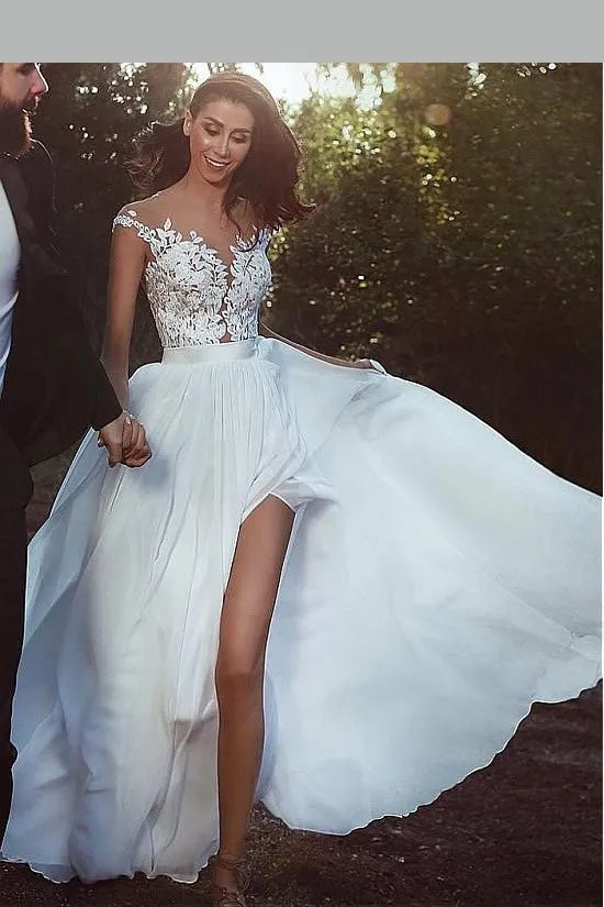 Lace Bodice Boho Long Bridal Dress with Chiffon Skirt