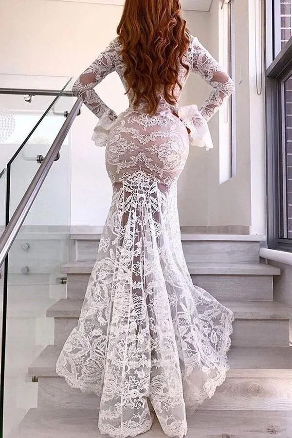 Lace Mermaid Deep V-neck Long Sleeves Wedding Dress, Wedding Gown, MW733