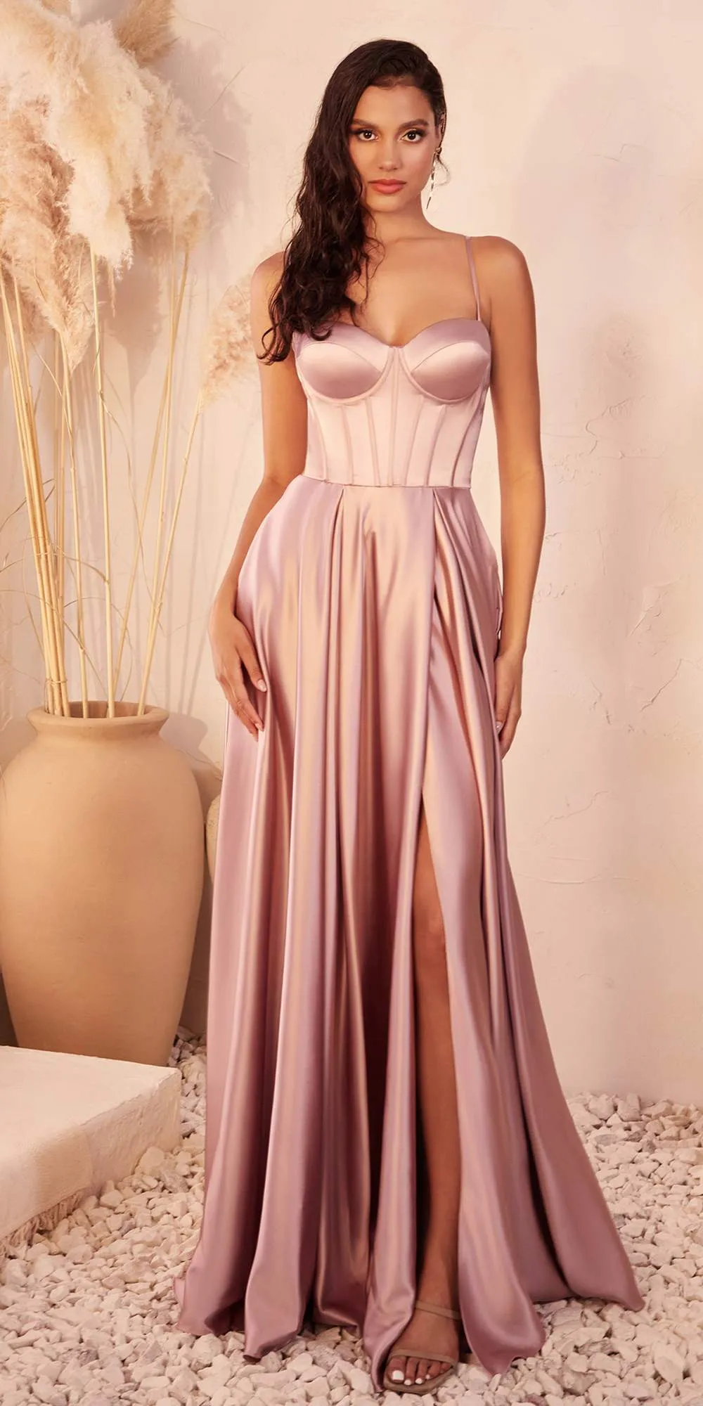 Ladivine CD337 Long A-Line Slit Satin Bustier Dress