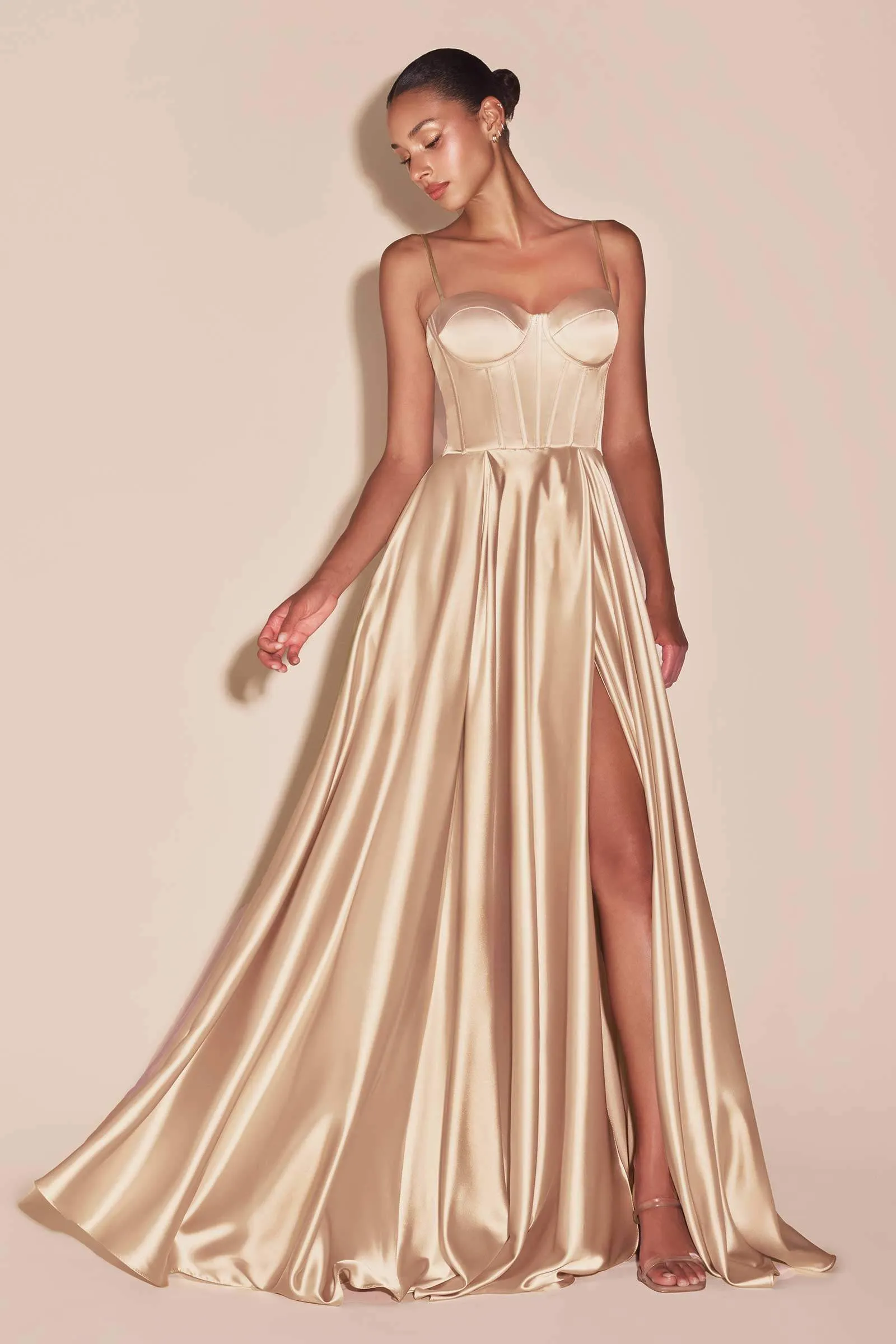 Ladivine CD337 Long A-Line Slit Satin Bustier Dress