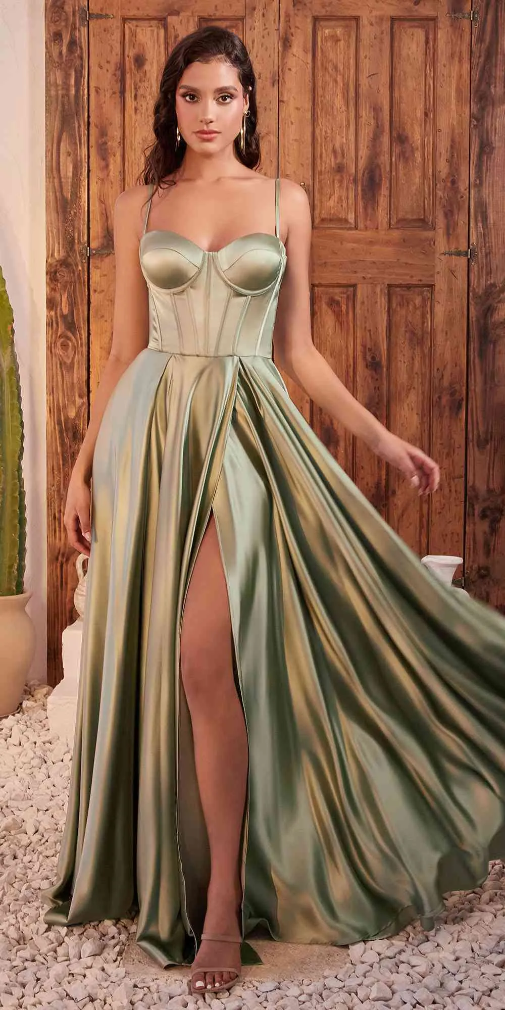 Ladivine CD337 Long A-Line Slit Satin Bustier Dress
