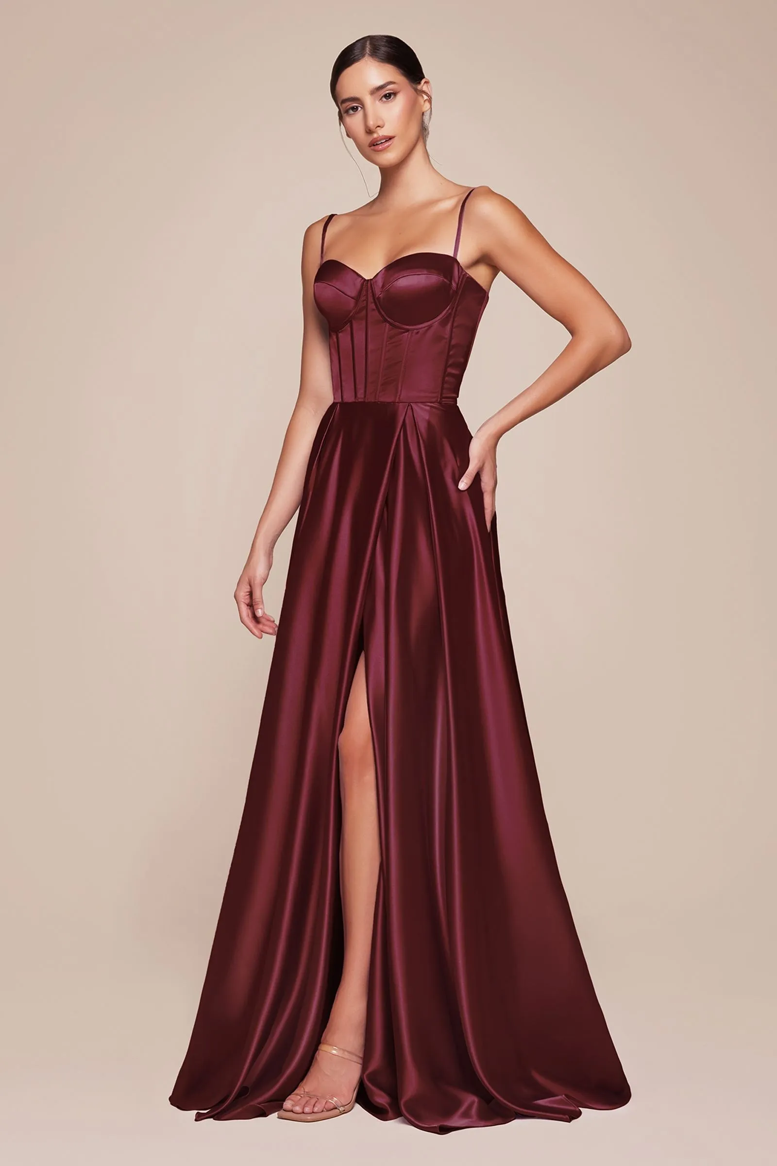 Ladivine CD337 Long A-Line Slit Satin Bustier Dress
