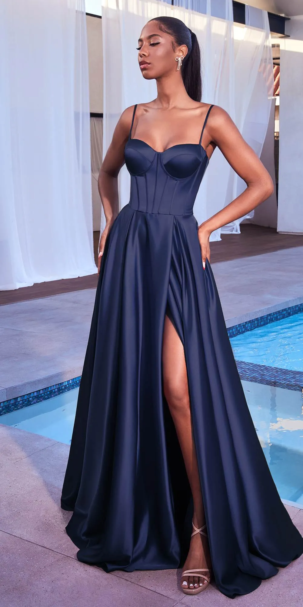 Ladivine CD337 Long A-Line Slit Satin Bustier Dress