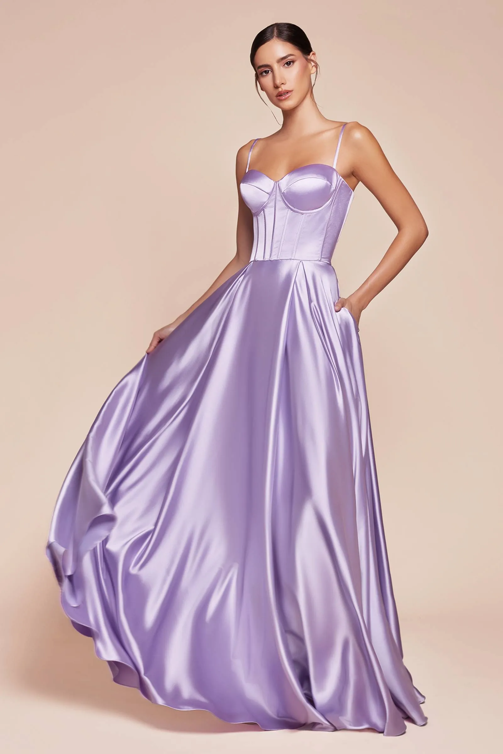 Ladivine CD337 Long A-Line Slit Satin Bustier Dress