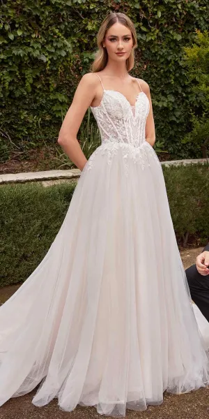Ladivine CD854W Floor Length Lace and Tulle A-Line Wedding Gown