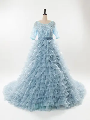 Light Blue Organza Ruffles Lace Long Sleeve Maternity Dress for Photoshoot