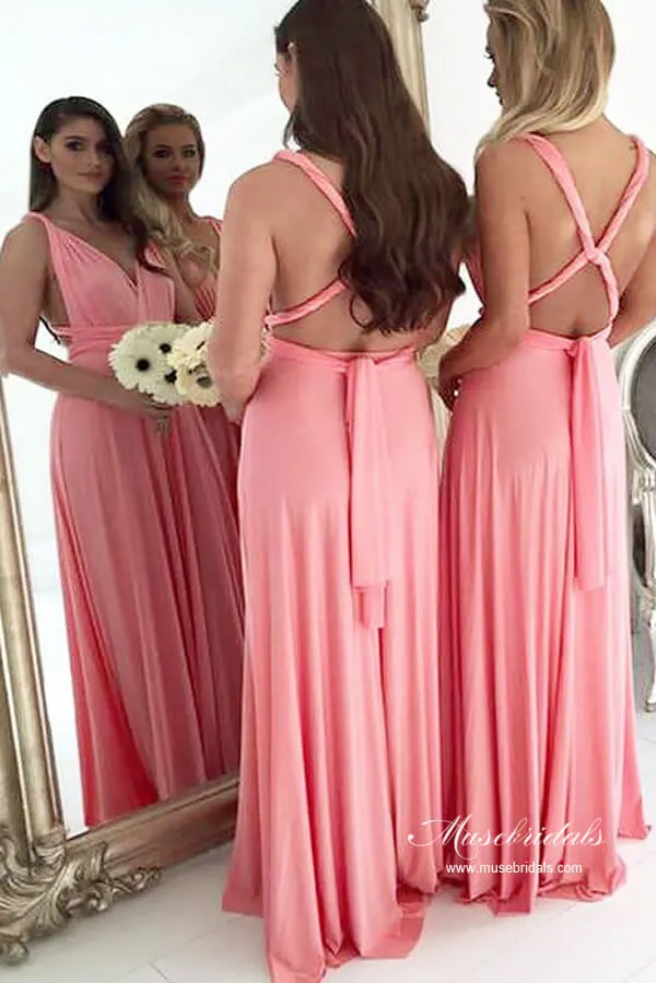 Light Coral Chiffon A-line Backless Plus Size Long Bridesmaid Dresses, MBD236