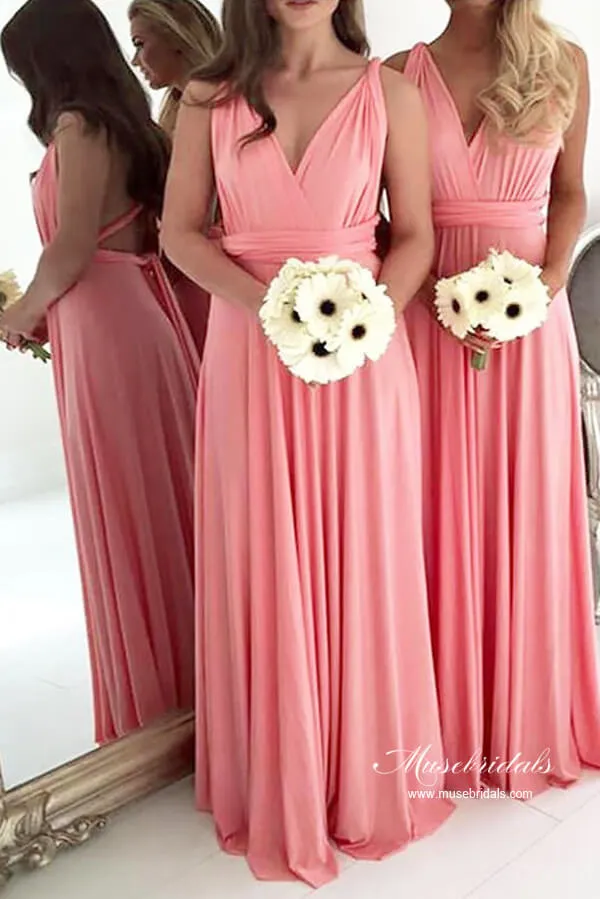 Light Coral Chiffon A-line Backless Plus Size Long Bridesmaid Dresses, MBD236