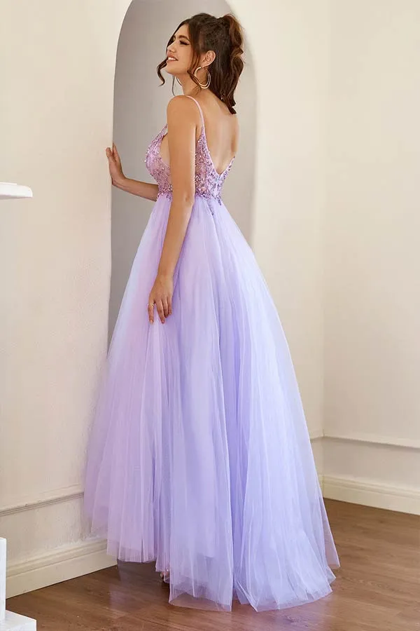 Lilac Tulle A-line Long Prom Dresses With Beading, Long Formal Dresses, MP701
