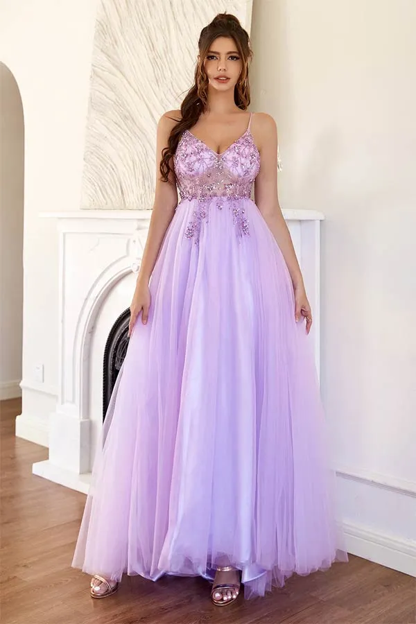 Lilac Tulle A-line Long Prom Dresses With Beading, Long Formal Dresses, MP701