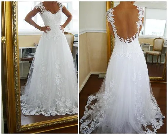 Long Ball Gown Backless Lace Wedding Dresses, White Prom Dress, Formal Dresses, Backless Lace Bridal Dress