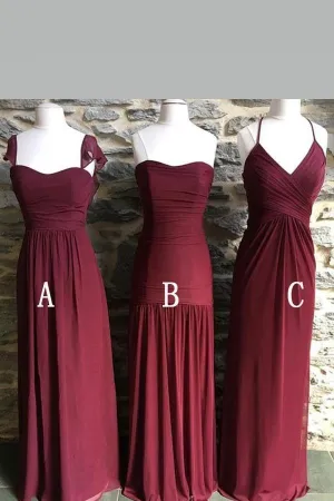 Long Chiffon Burgundy Wedding Guests Dresses Mismatched Styles
