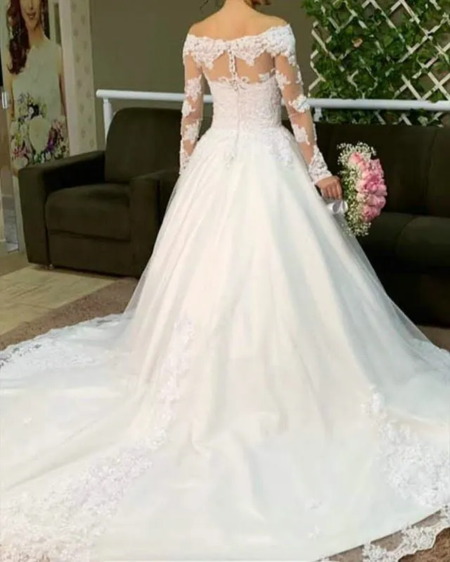 Long Lace Sleeve Wedding Dresses Ball Gown Off The Shoulder Sexy Bridal Dress Appliques
