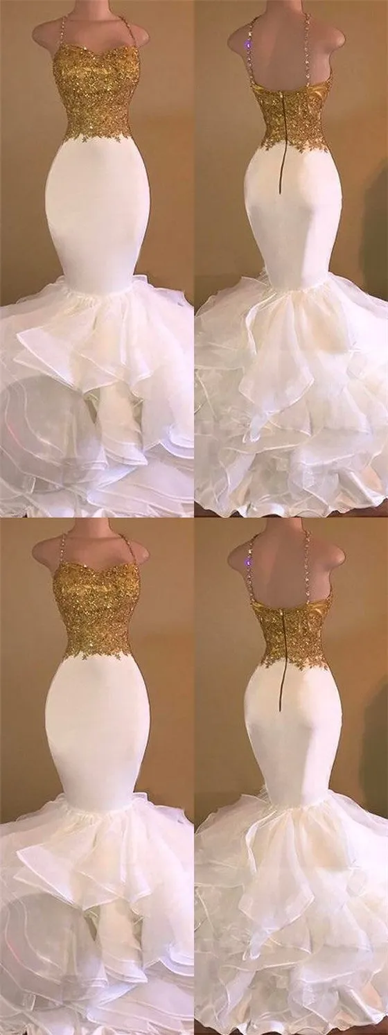 Long Mermaid Spaghetti Straps Sleeveless Applique Organza Prom Evening Dresses, TYP1126