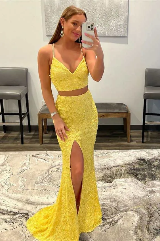Long Sexy 2 Piece Sequin Prom Dresses 2025 Mermaid Evening Gown with Split