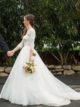 Long Sleeves Organza A-line Wedding Dresses Online, Cheap Simple Bridal Dresses, QB0382