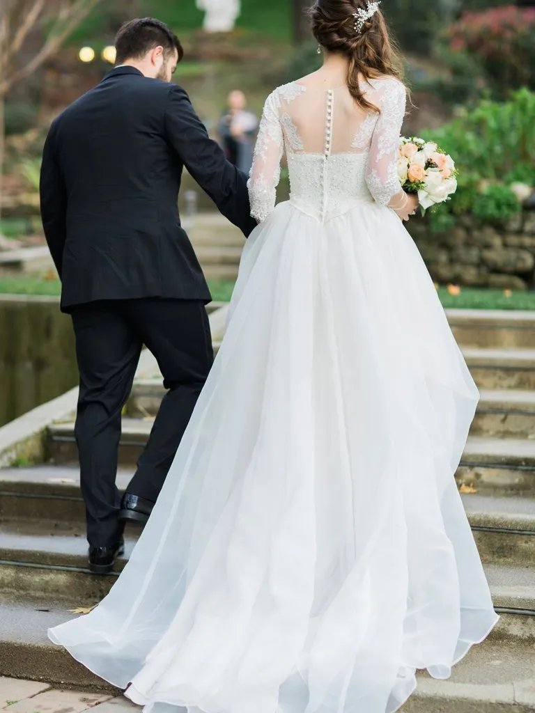 Long Sleeves Organza A-line Wedding Dresses Online, Cheap Simple Bridal Dresses, QB0382