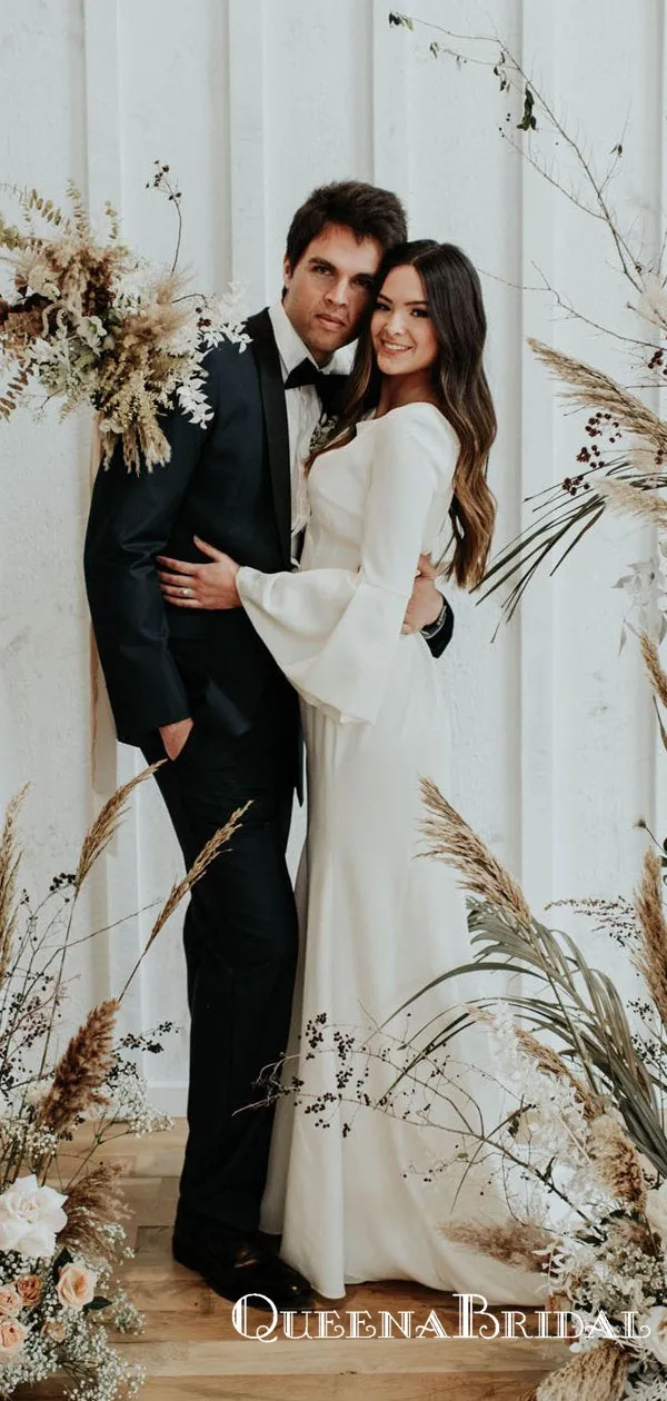 Long Sleeves Scoop Charming Elegant Ivory Satin Long Cheap Mermaid Wedding Dresses, QB0934