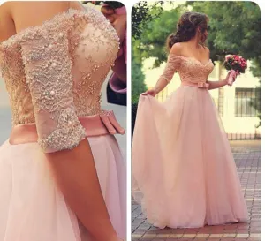 Lovely Princess Beadings Tulle Half Sleeves Long Prom Dress-319509