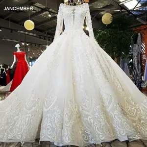 LS53710 Ivory As The Picture Full Sleeves O-neck Ball Gown Lace Up Back Hand Work Wedding Dresses Vestido De Noiva Real Photos
