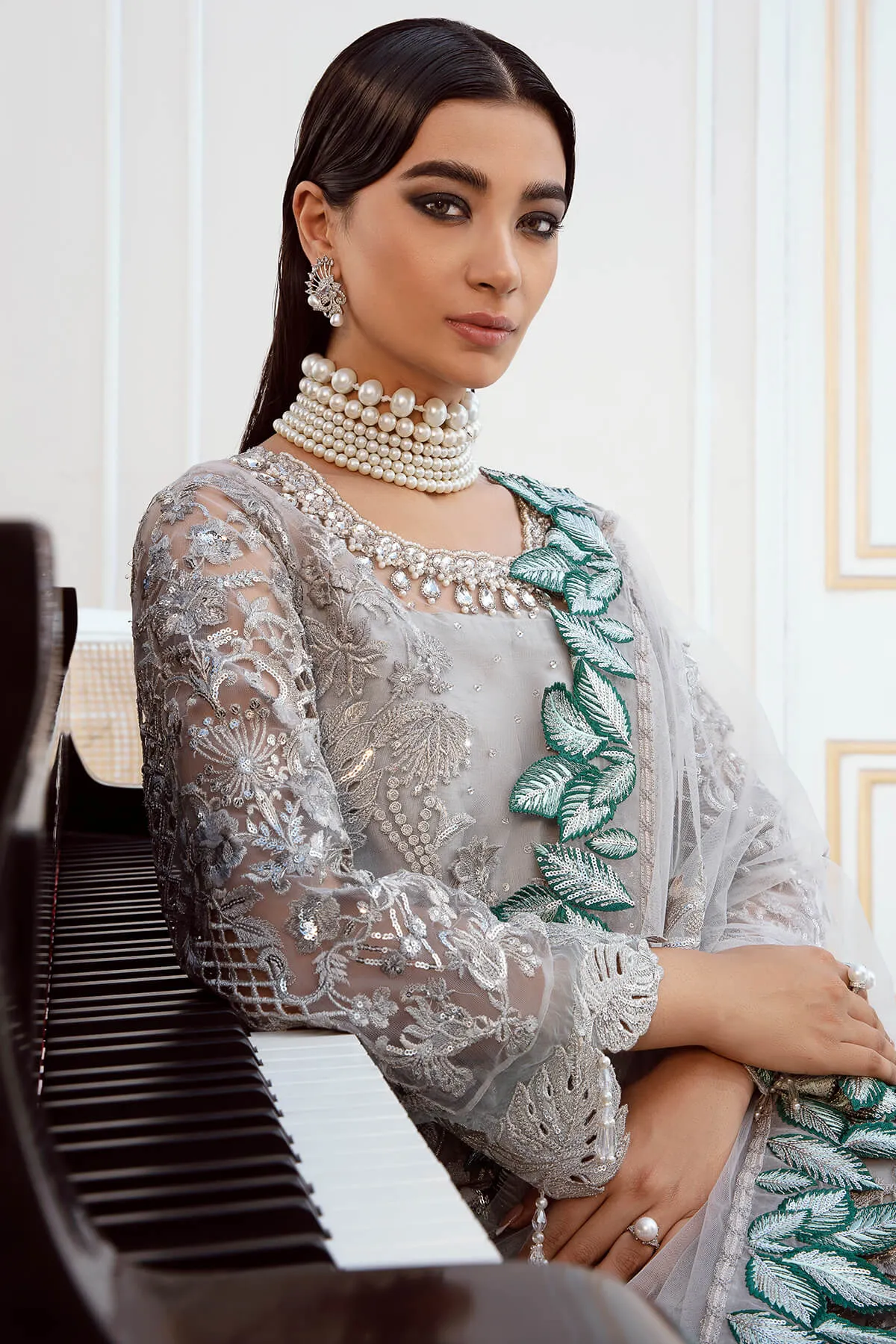 Luxury Pakistani Wedding Dress in Long Kameez Style Grey Salwar Suit