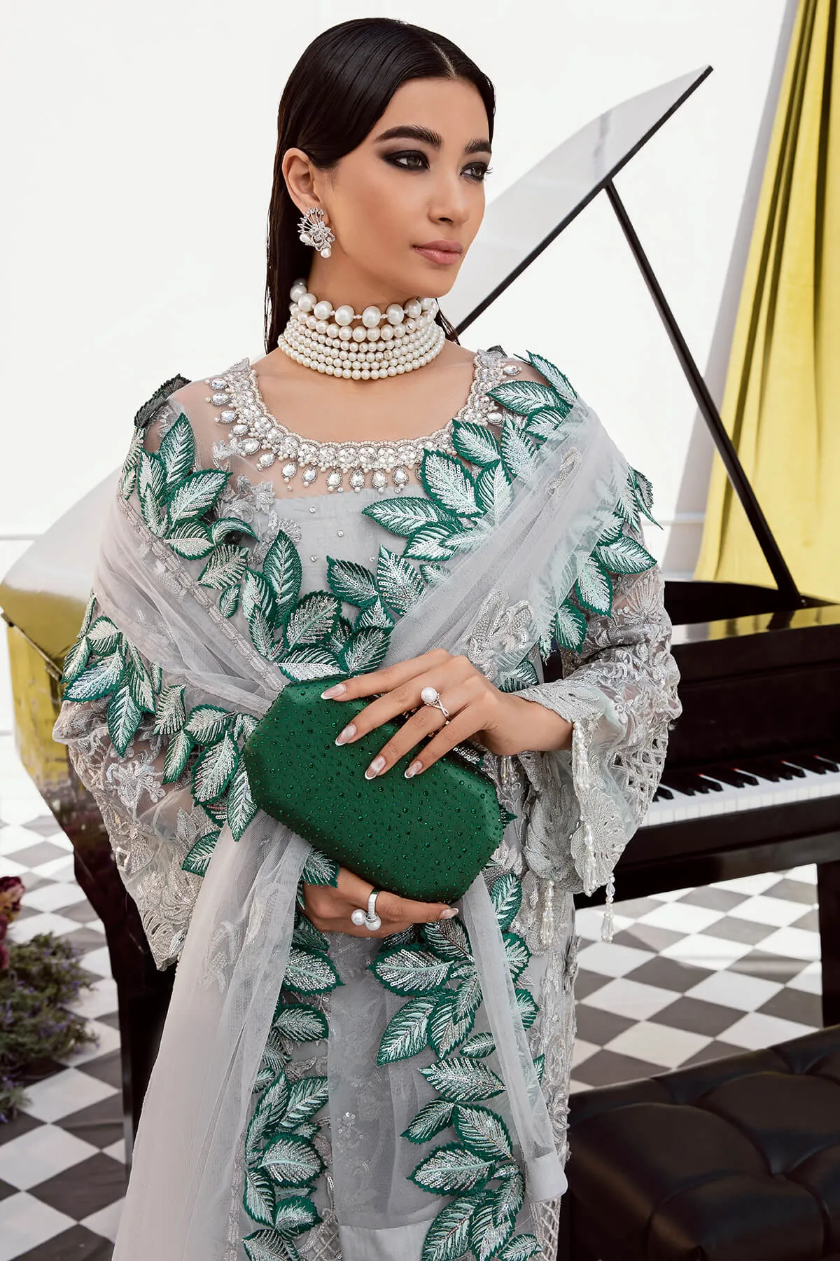 Luxury Pakistani Wedding Dress in Long Kameez Style Grey Salwar Suit