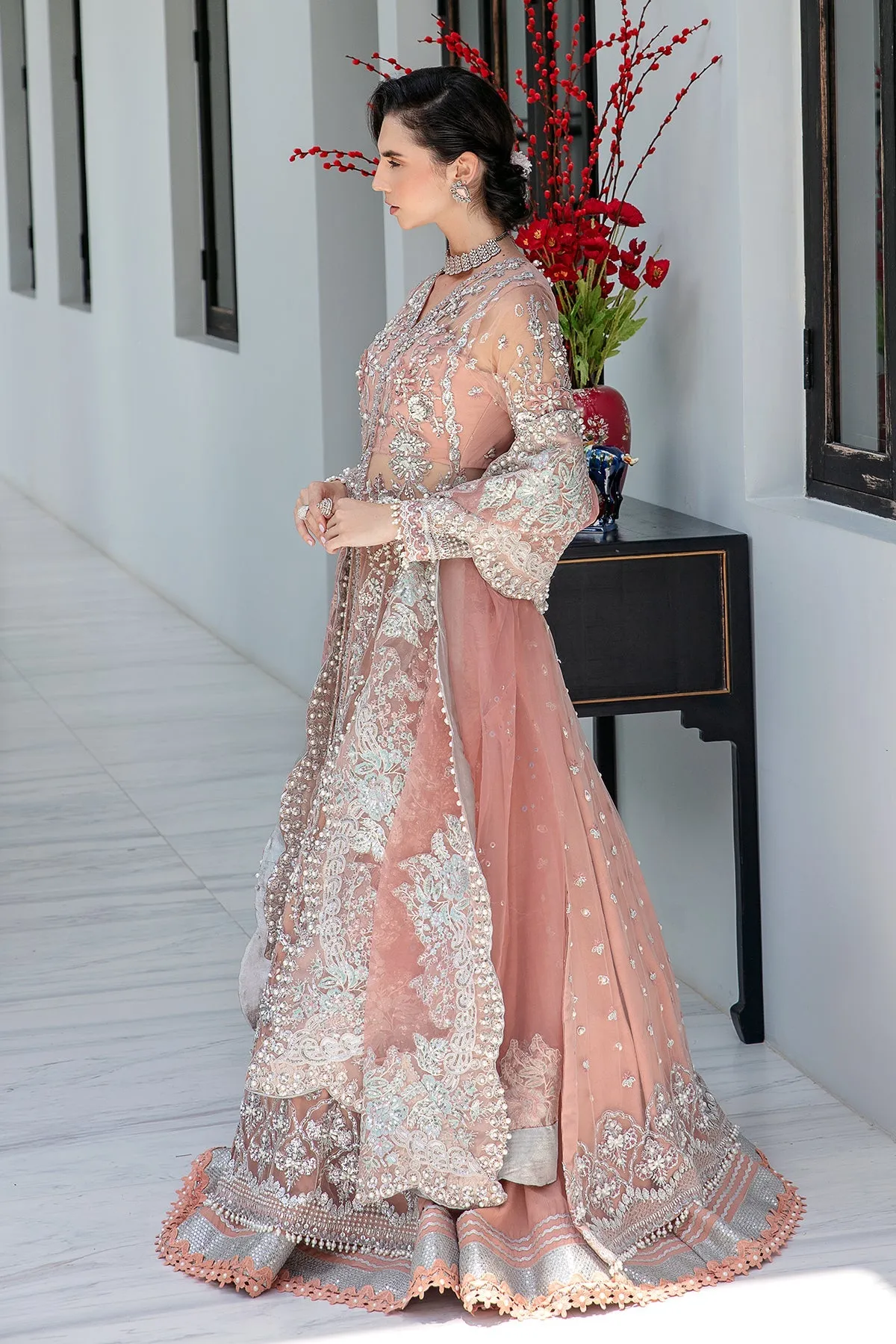 Luxury Pakistani Wedding Wear Embroidered Peach Pink Pishwas Frock
