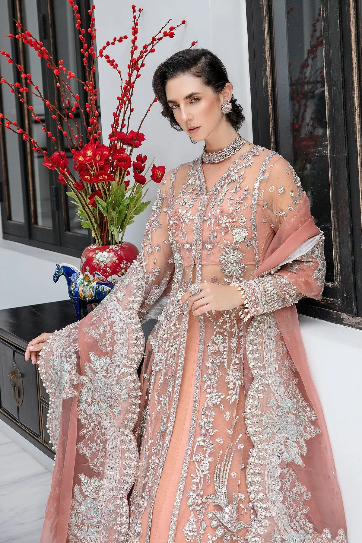 Luxury Pakistani Wedding Wear Embroidered Peach Pink Pishwas Frock