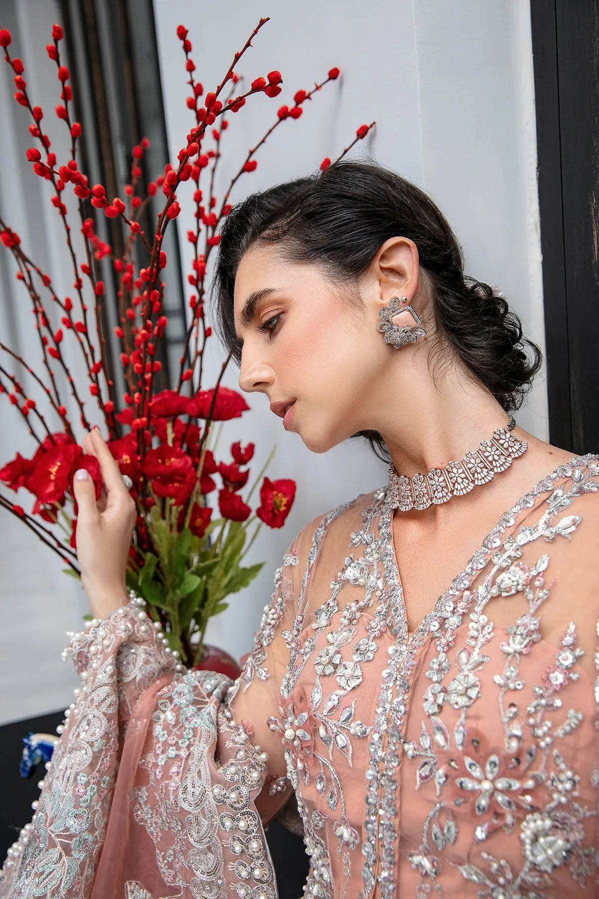 Luxury Pakistani Wedding Wear Embroidered Peach Pink Pishwas Frock
