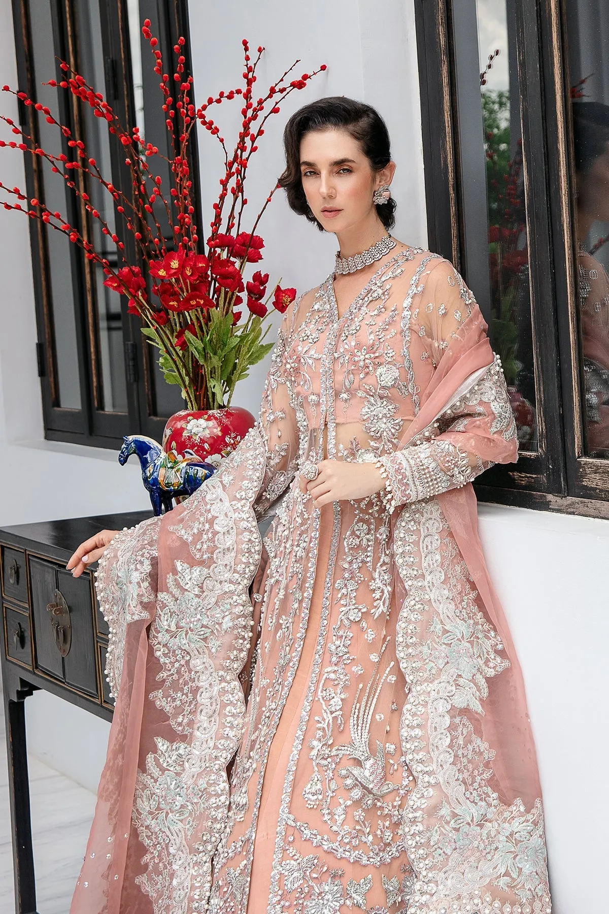 Luxury Pakistani Wedding Wear Embroidered Peach Pink Pishwas Frock