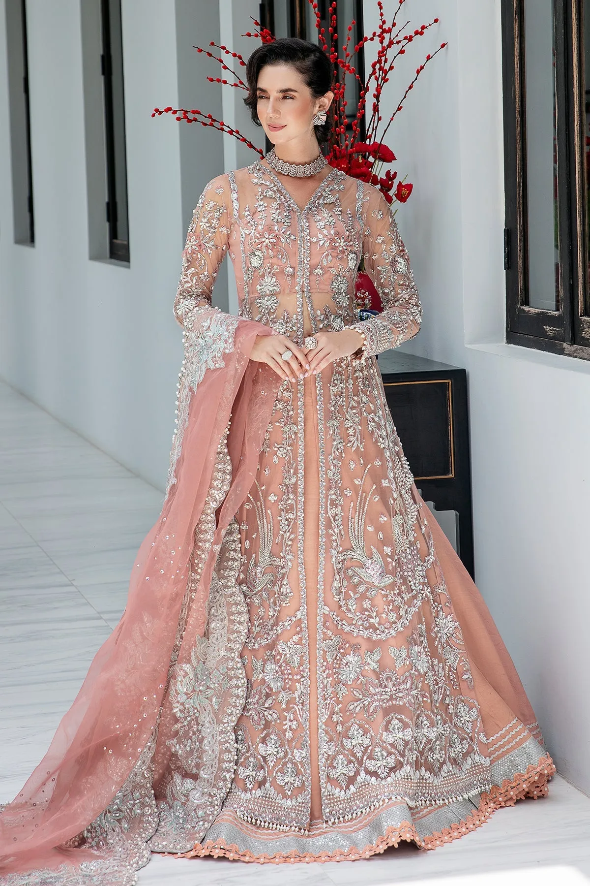 Luxury Pakistani Wedding Wear Embroidered Peach Pink Pishwas Frock