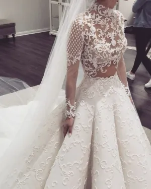 luxury wedding dresses ball gown 2020 lace applique beaded elegant high neck wedding gown 2021