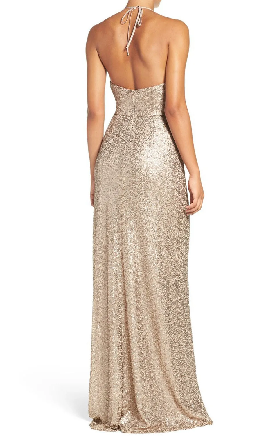 MACloth Halter V Neck Sequin Long Bridesmaid Dress Champagne Formal Gown